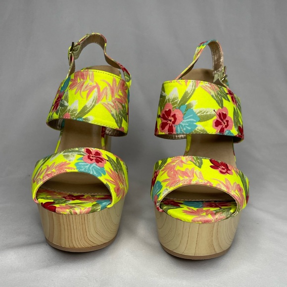 QUPID Neon Floral Open Toe Clog Heels Slingback Peep Toe Strappy Shoes size 9 - Picture 2 of 7